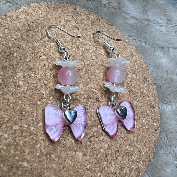 Pink Bow Flower Earrings - Picture 2 of 3